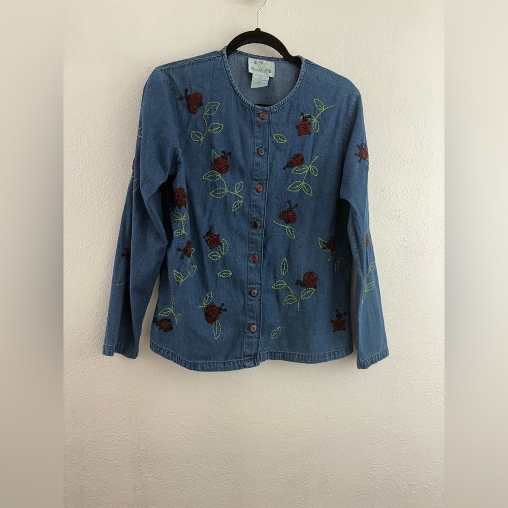 Quacker Factory Denim Beaded Lady Bug long Sleeve Button down Blouse S